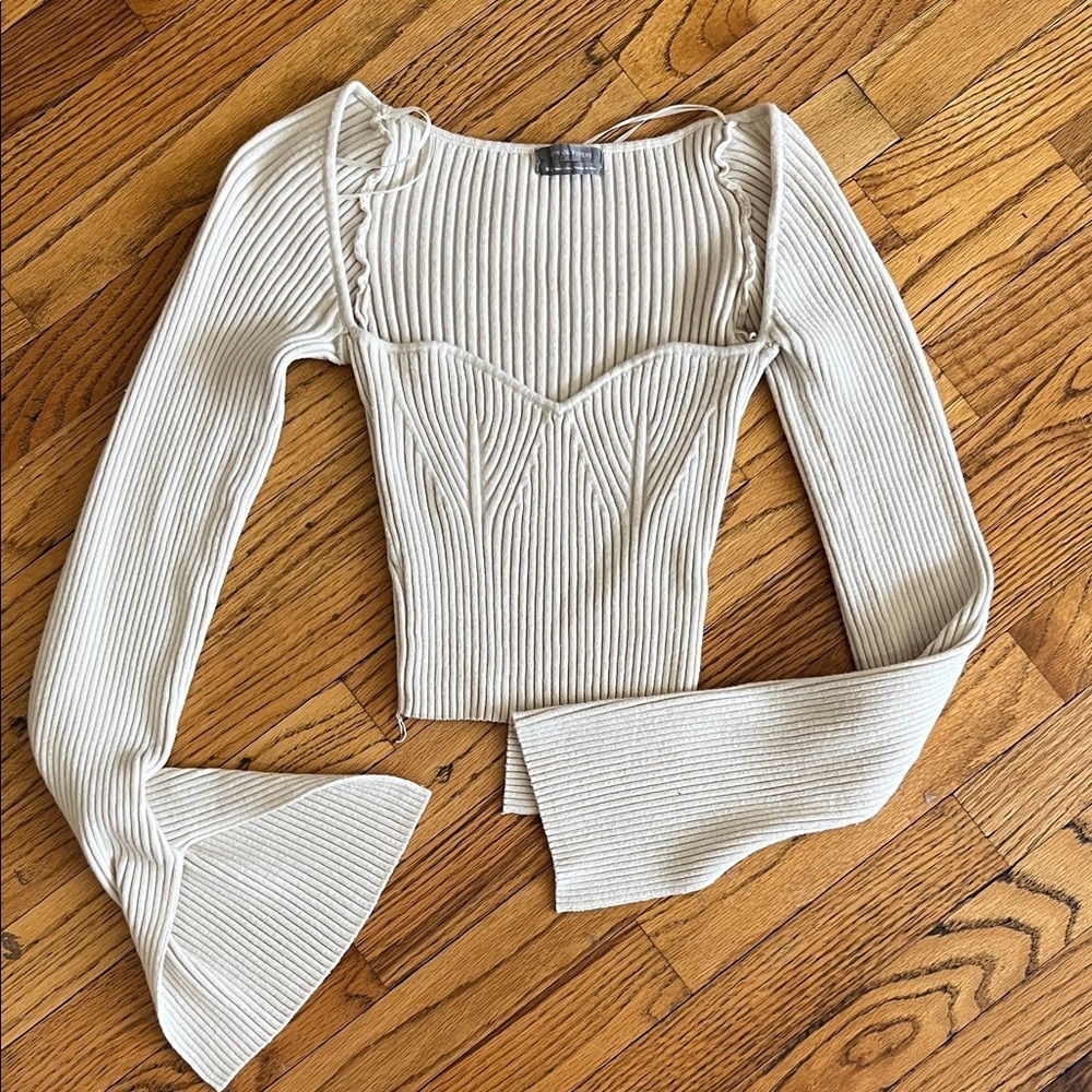 Urban Outfitters Ribbed Sweetheart-Neck Long Sleeve Top in Cream